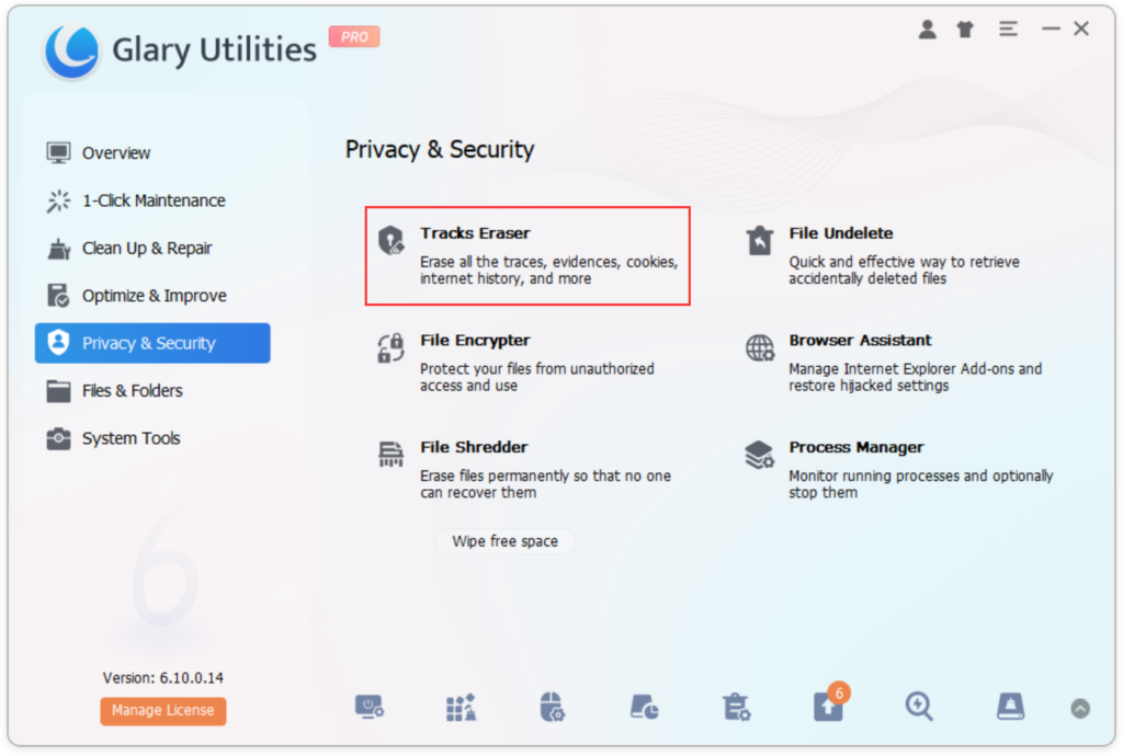 Open Glary Utilities and navigate to the Track Eraser.