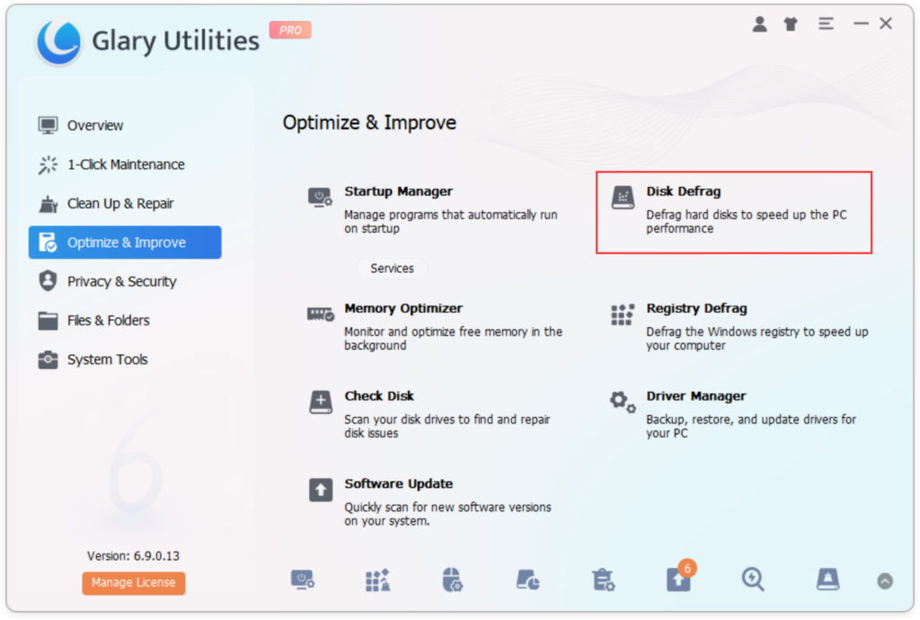 Launch Glary Utilities and navigate to the Disk Defrag tool.