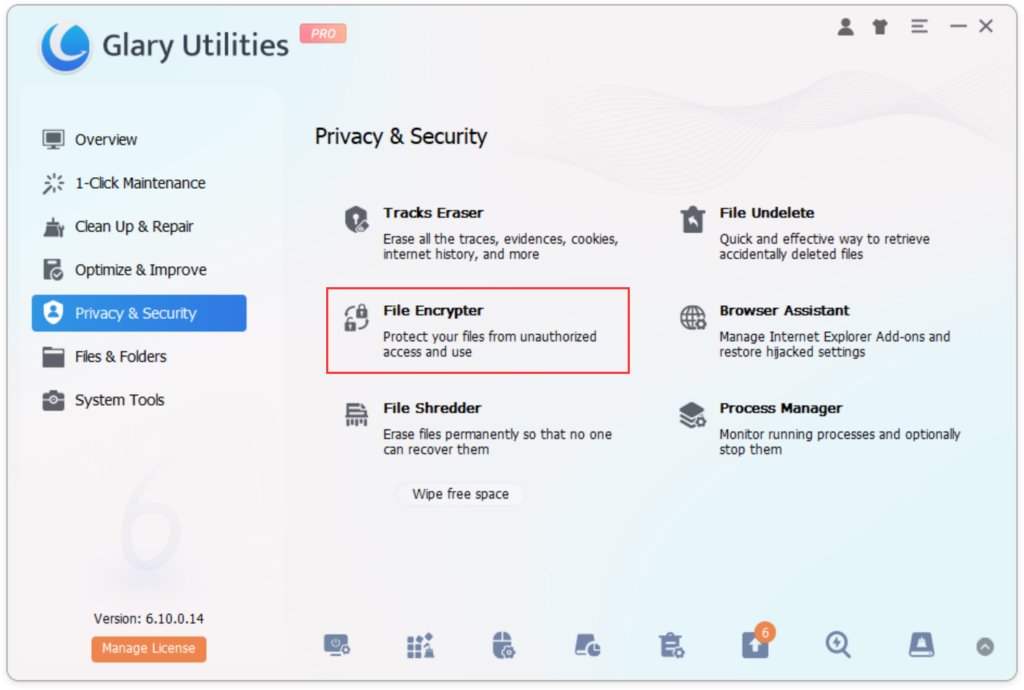 Launch Glary Utilities and navigate to the File Encrypter tool.