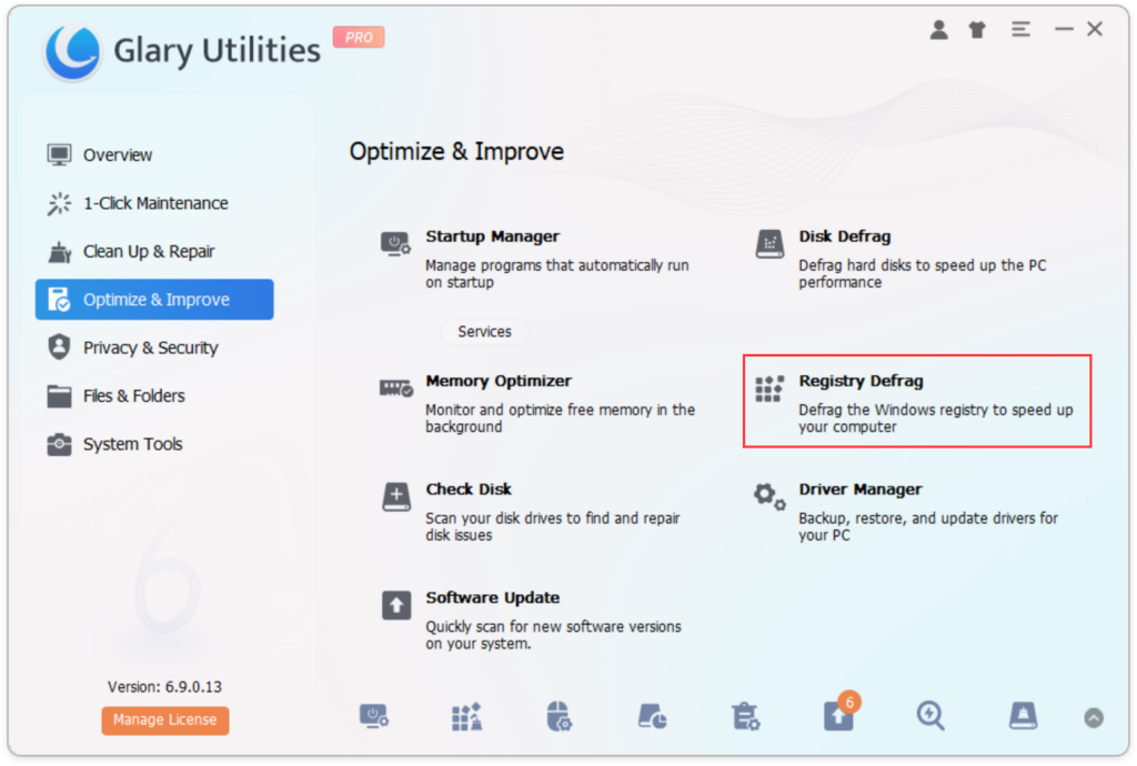 Open Glary Utilities and access the Registry Defrag tool.