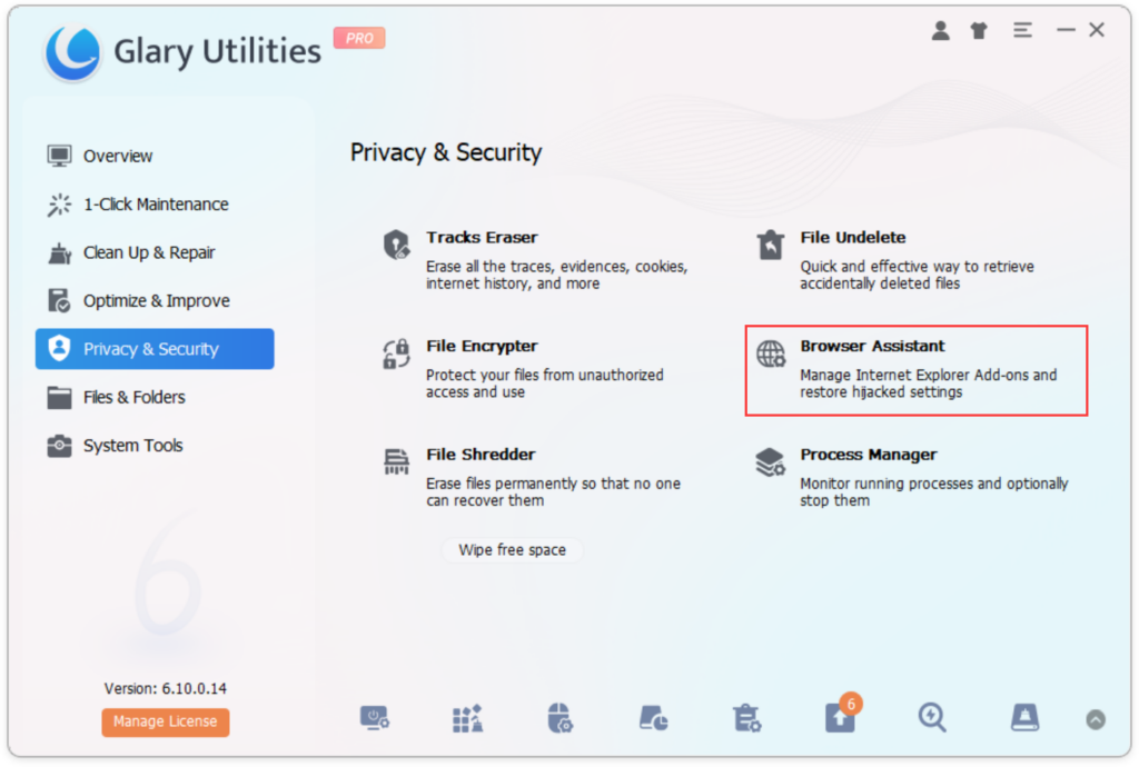 Open Glary Utilities and access the Browser Assistant tool.