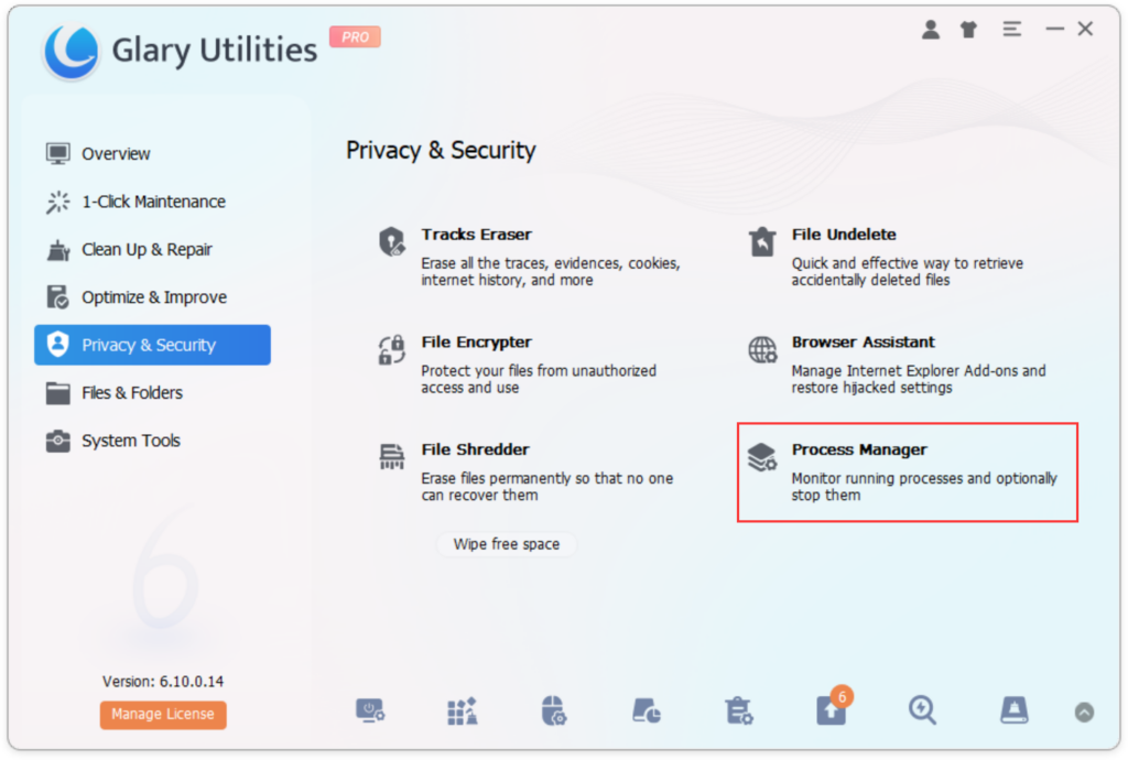 Launch Glary Utilities and navigate to the Process Managers tool.