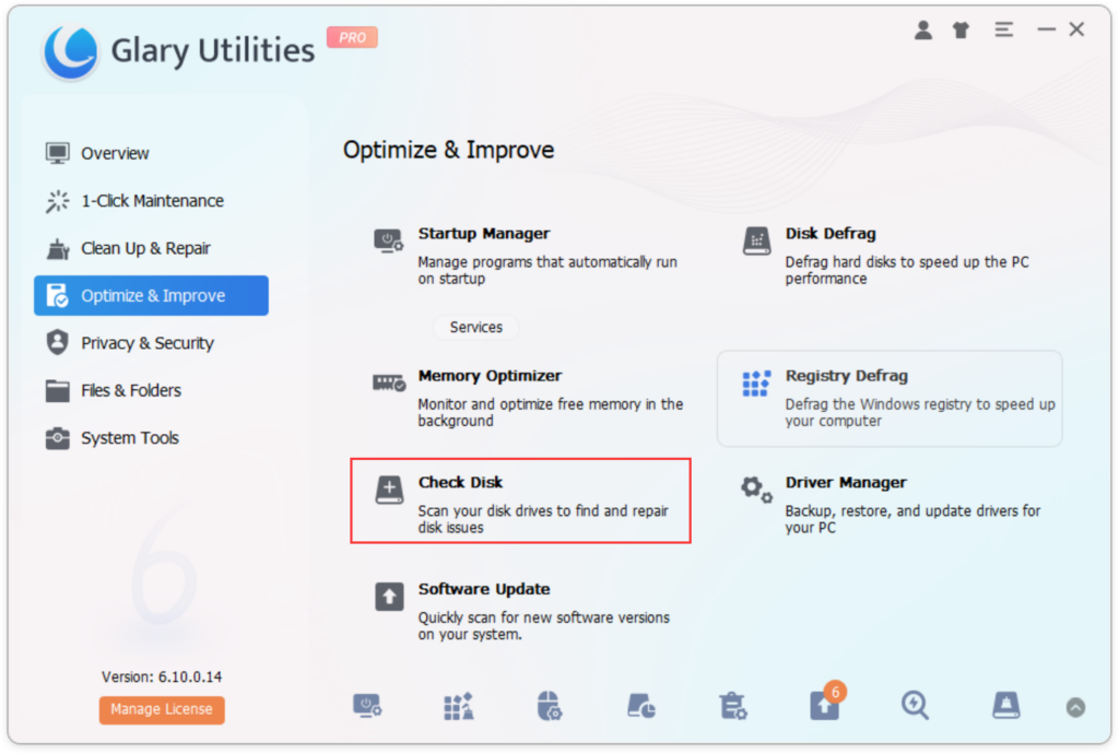 Open Glary Utilities and navigate to the Check Disk tool.