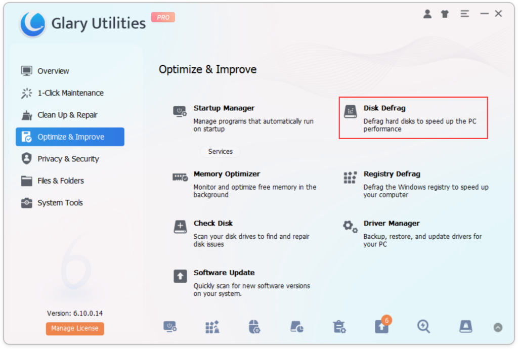 Launch Glary Utilities and navigate to the Disk Defrag tool.