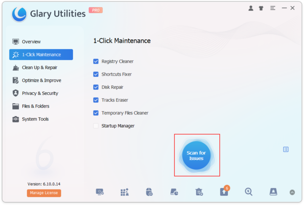 Check the desired items and click Scan for Issues, Glary Utilities will automatically detect and fix problems related to the registry, tracks, temporary files, shortcuts, and disk errors.